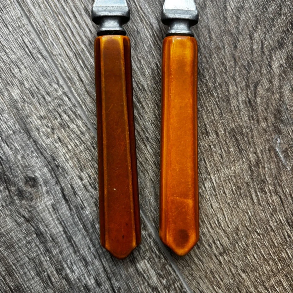 Vintage Chrome Plate Butterscotch Bakelite Style Handle Forks Set of 2 MCM‎ Deco